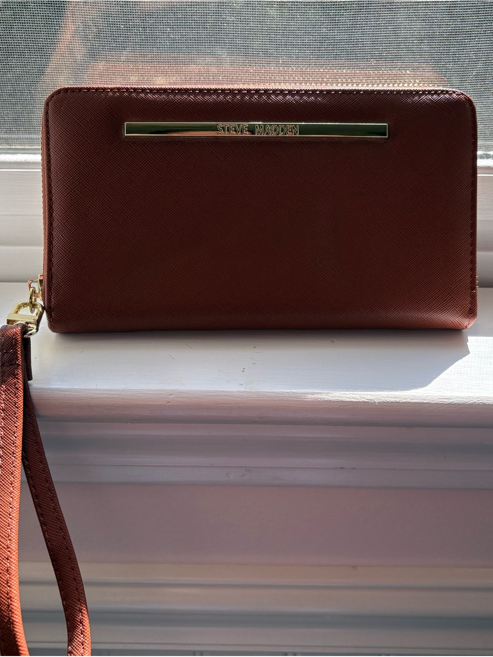 Steve Madden Rust Brown Zip Wristlet Clutch with Gold Accents
